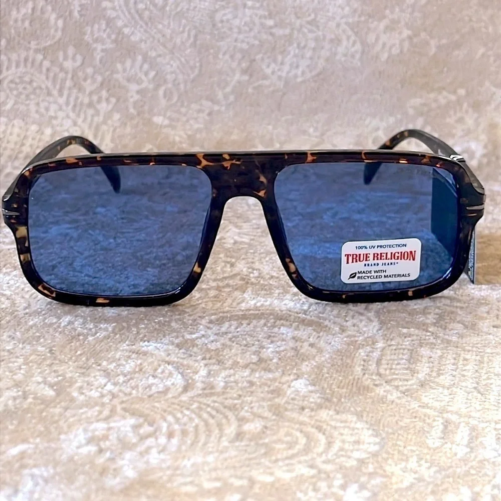 Brand New True Religion Tortoise Shell Retro Aviator Shield Sunglasses Blue Lens